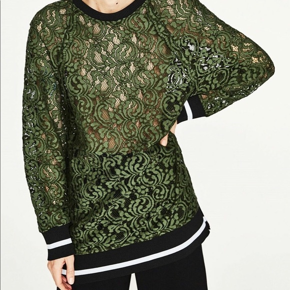 Women's ZARA long Sweatshirt olive Green Lace Top size L - Picture 5 of 6